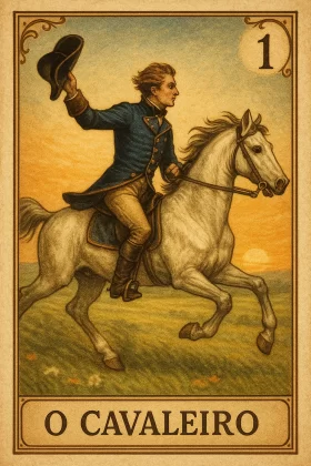 Ilustração da **carta 1 do baralho cigano (O Cavaleiro)**: um jovem cavaleiro de perfil galopa energicamente sobre um cavalo branco, erguendo seu chapéu tricórnio em saudação enquanto o pôr do sol dourado ilumina o céu; ele veste casaca azul-escura com detalhes dourados, calças bege e botas altas, tudo enquadrado por uma moldura vintage com o número “1” no canto superior direito e a legenda “O Cavaleiro” na base.
