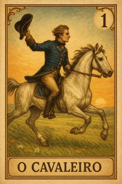Ilustração da **carta 1 do baralho cigano (O Cavaleiro)**: um jovem cavaleiro de perfil galopa energicamente sobre um cavalo branco, erguendo seu chapéu tricórnio em saudação enquanto o pôr do sol dourado ilumina o céu; ele veste casaca azul-escura com detalhes dourados, calças bege e botas altas, tudo enquadrado por uma moldura vintage com o número “1” no canto superior direito e a legenda “O Cavaleiro” na base.