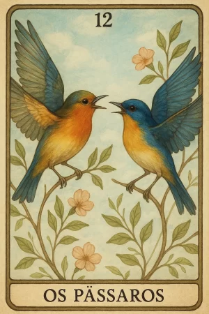 Ilustração da carta 12 do baralho cigano: dois pássaros azul-acinzentados com peito alaranjado se encaram e cantam sobre ramos floridos, diante de um céu claro, dentro de moldura vintage que exibe o número 12 e o título “Os Pássaros”.