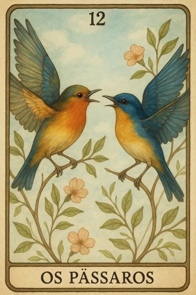Ilustração da carta 12 do baralho cigano: dois pássaros azul-acinzentados com peito alaranjado se encaram e cantam sobre ramos floridos, diante de um céu claro, dentro de moldura vintage que exibe o número 12 e o título “Os Pássaros”.