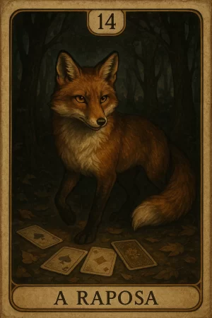 Ilustração detalhada da carta 14 do baralho cigano, A Raposa: carta em moldura vintage bege com o número 14 no topo e o título embaixo; no centro, raposa ruiva de cauda farta e olhar astuto volta a cabeça para a esquerda em meio a floresta escura; no chão coberto de folhas outonais, quatro cartas de jogar espalhadas—duas de espadas, uma de ouros e uma virada para baixo com dorso ornamentado.