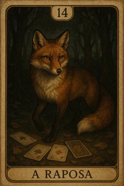 Ilustração detalhada da carta 14 do baralho cigano, A Raposa: carta em moldura vintage bege com o número 14 no topo e o título embaixo; no centro, raposa ruiva de cauda farta e olhar astuto volta a cabeça para a esquerda em meio a floresta escura; no chão coberto de folhas outonais, quatro cartas de jogar espalhadas—duas de espadas, uma de ouros e uma virada para baixo com dorso ornamentado.