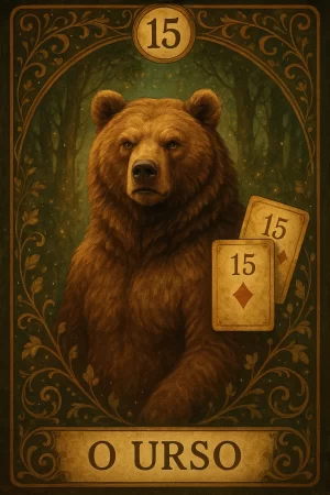 Ilustração estilizada da **carta 15 do baralho cigano**, representando "O Urso". No centro da imagem há um urso marrom de aparência imponente, com expressão séria e penetrante, posicionado contra um fundo de floresta escura e iluminado por pontos dourados que lembram partículas de luz ou poeira mágica. O número 15 aparece no topo em um medalhão circular, e duas cartas com o número 15 e o naipe de ouros (♦) estão dispostas ao lado do urso. A moldura da imagem é ornamentada com arabescos e folhagens em tom dourado sobre fundo escuro. Na parte inferior, lê-se o título "O URSO" em letras maiúsculas.