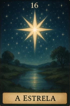 Ilustração da **carta 16 do baralho cigano**, chamada **A Estrela**. A imagem apresenta uma noite serena sob um céu estrelado, onde uma grande estrela de oito pontas brilha intensamente no centro, iluminando a paisagem ao redor. Ao fundo, é possível ver colinas suaves e árvores que margeiam um rio calmo, que reflete a luz da estrela principal. O cenário transmite paz, esperança e orientação espiritual. Na parte inferior da carta, em uma faixa bege com moldura escura, está escrito "A ESTRELA" em letras maiúsculas pretas.