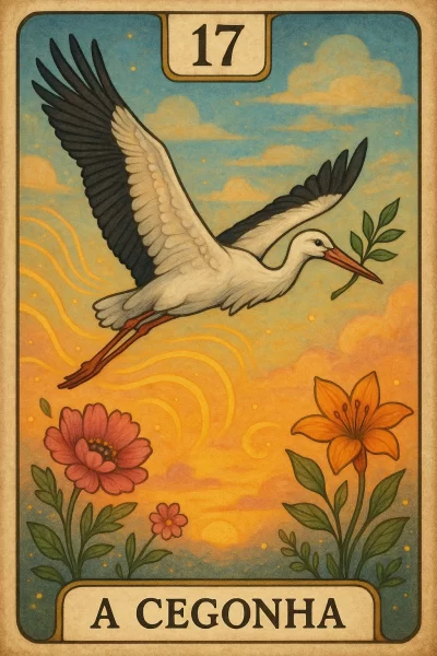 Cartão ilustrado em estilo vintage com moldura bege envelhecida e número 17 no topo; no centro, uma cegonha branca de asas abertas (pontas negras) voa da esquerda para a direita carregando um pequeno ramo verde no bico sobre um céu crepuscular em degradê de azul para laranja/dourado, salpicado de nuvens macias e pontinhos de luz que sugerem estrelas ou pó mágico. Trilhas curvas luminosas no ar evocam movimento de voo e anúncio de mudanças. Na parte inferior, flores exuberantes: à esquerda um conjunto de flores rosadas com folhagem verde; à direita, um lírio laranja vibrante com folhas alongadas. Faixa inferior com o título em preto “A CEGONHA”. carta 17 do baralho cigano.