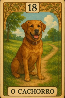 Ilustração da carta 18 do baralho cigano, representando um cachorro marrom de porte médio, sentado sobre um caminho de terra em meio a um campo gramado. O cachorro exibe uma expressão amigável, com a língua de fora e orelhas caídas, usando uma coleira marrom. Ao fundo, vê-se uma paisagem bucólica com árvores verdes sob um céu azul com nuvens brancas. A moldura da carta é ornamentada com folhas e ramos nos cantos superiores. Na parte superior, o número 18 está centralizado, e na parte inferior está escrito “O CACHORRO”. A imagem transmite lealdade, amizade e confiança, temas associados a essa carta no baralho cigano.