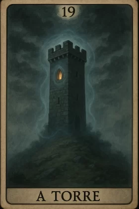 Ilustração da *carta 19 do baralho cigano*, intitulada “A Torre”. A imagem mostra uma torre de pedra alta e isolada no topo de uma colina escura, envolta por uma atmosfera nebulosa e sombria. O céu ao fundo está carregado por nuvens densas, criando um clima misterioso e introspectivo. A torre possui uma pequena janela iluminada com uma luz dourada, sugerindo presença ou vigilância interior. A estrutura é sólida, com pedras escuras e um topo com ameias, remetendo a uma fortaleza medieval. O número 19 está centralizado no topo da carta, e o título “A TORRE” aparece na parte inferior em letras maiúsculas.
