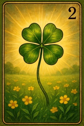 Ilustração da carta 2 do baralho cigano (Trevo): um grande trevo de quatro folhas em tom verde vibrante destaca-se no centro, irradiando luz dourada que ilumina um campo verde coberto de pequenas flores amarelas; no canto superior direito, aparece o número “2”, tudo enquadrado por uma moldura vintage.