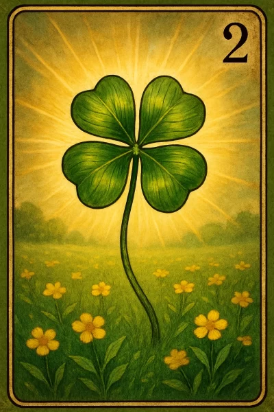 Ilustração da carta 2 do baralho cigano (Trevo): um grande trevo de quatro folhas em tom verde vibrante destaca-se no centro, irradiando luz dourada que ilumina um campo verde coberto de pequenas flores amarelas; no canto superior direito, aparece o número “2”, tudo enquadrado por uma moldura vintage.