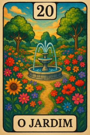 Ilustração da **carta 20 do baralho cigano**, intitulada "O Jardim". A imagem mostra uma fonte de pedra ao centro, jorrando água em meio a um jardim vibrante e florido. Diversas flores coloridas — em tons de vermelho, laranja, rosa, amarelo, roxo e azul — cercam a fonte, criando uma atmosfera alegre e acolhedora. Um caminho sinuoso de terra passa pela fonte e segue ao fundo, ladeado por árvores frondosas e um céu azul com nuvens suaves e pôr do sol dourado. O número 20 aparece no topo da carta e o nome "O JARDIM" está em destaque na parte inferior. O estilo artístico é delicado, com cores vivas e traços que lembram pintura à mão.