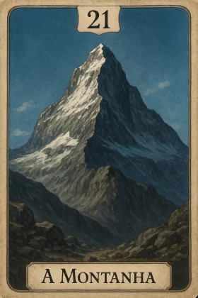 Imagem da carta 21 do baralho cigano - A Montanha. A ilustração central mostra uma imponente montanha com picos cobertos de neve, destacando-se contra um céu azul límpido. A base da montanha é composta por rochas escuras e sombras profundas, criando uma sensação de obstáculo, isolamento e desafio. O número 21 está posicionado no topo da carta, dentro de uma moldura clara em formato de estandarte. Na parte inferior, em uma tarja bege com bordas decorativas, está escrito “A Montanha” em letras maiúsculas com tipografia clássica. A carta simboliza barreiras, atrasos, bloqueios e testes de resistência no baralho cigano. Ela corresponde ao oito de Paus no baralho comum.