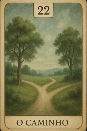 Imagem da carta 22 do baralho cigano – O Caminho. A ilustração mostra uma estrada de terra que se bifurca em dois caminhos distintos, cruzando um campo verde sob um céu azul claro com nuvens suaves. De cada lado da bifurcação, há árvores altas e frondosas que emolduram a cena, transmitindo uma sensação de escolha, encruzilhada ou decisão a ser tomada. No topo da carta, centralizado dentro de uma moldura clara em forma de estandarte, está o número 22 em negrito. Na parte inferior, sobre uma tarja bege com bordas decorativas clássicas, aparece o nome da carta: “O Caminho”. Esta carta representa escolhas, alternativas, decisões e mudanças de direção no baralho cigano. Sua correspondência no baralho comum é o Rainha de Ouros (Q♦).