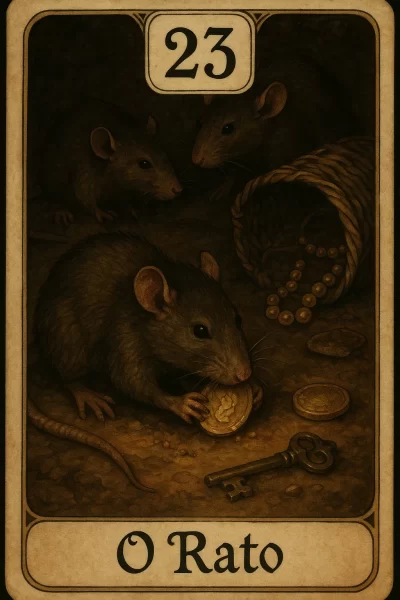 Imagem da carta 23 do baralho cigano – O Rato. A ilustração mostra três ratos em um ambiente escuro e terroso. Um dos ratos está em primeiro plano, segurando uma moeda com as patas dianteiras, enquanto observa atentamente. Ao fundo, um cesto de palha está tombado, com moedas e um colar de pérolas espalhados no chão, sugerindo perda ou roubo. Também há uma chave antiga caída ao lado das moedas. O número 23 aparece no topo da carta, centralizado dentro de uma moldura clara com cantos arredondados. Na parte inferior da imagem, está escrito “O Rato” com tipografia clássica em uma tarja bege com bordas decorativas. A carta representa perdas, desgastes, furtos, ansiedade e deterioração no baralho cigano. Sua correspondência no baralho comum é o 7 de Paus (7♣).