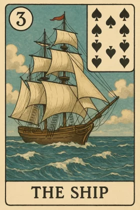 Ilustração da carta “O Navio” do Baralho Cigano (Lenormand), representando um navio à vela em mar aberto sob um céu azul com nuvens. No canto superior esquerdo há o número 3, e no canto superior direito aparece o símbolo de 10 de espadas do baralho comum. Abaixo da imagem, lê-se o nome "The Ship".