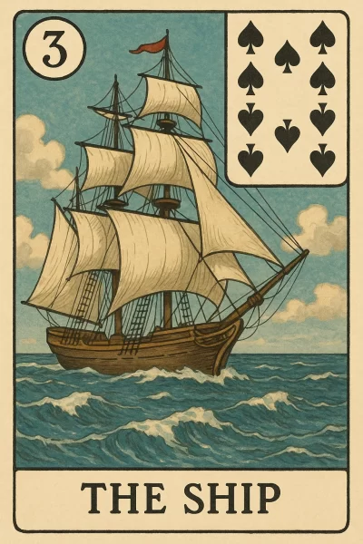 Ilustração da carta “O Navio” do Baralho Cigano (Lenormand), representando um navio à vela em mar aberto sob um céu azul com nuvens. No canto superior esquerdo há o número 3, e no canto superior direito aparece o símbolo de 10 de espadas do baralho comum. Abaixo da imagem, lê-se o nome "The Ship".
