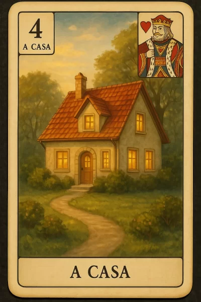 Carta do baralho cigano representando "A Casa", número 4, com imagem de uma casa aconchegante de telhado vermelho, janelas iluminadas e caminho sinuoso até a porta, cercada por vegetação. No canto superior direito, aparece o Rei de Copas do baralho comum.