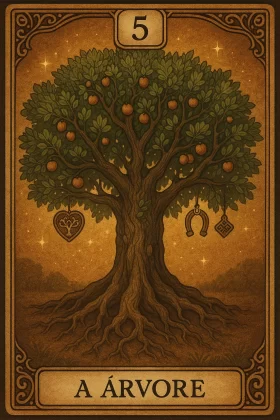 Carta de baralho cigano número 5, representando "A Árvore". A imagem mostra uma grande árvore com raízes profundas e copa cheia de folhas verdes e frutos alaranjados. Pendurados nos galhos estão três amuletos: um coração ornamentado, uma ferradura e um símbolo geométrico. O fundo é dourado com estrelas brilhantes, conferindo um ar místico e sereno à cena.