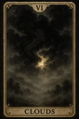 Carta de baralho com o número romano VI no topo e a palavra "CLOUDS" na parte inferior. A imagem mostra um céu denso e escuro coberto por nuvens espessas, com um pequeno feixe de luz tentando atravessar o centro da névoa, criando uma atmosfera sombria e misteriosa. Silhuetas de árvores aparecem na parte inferior, reforçando o clima nebuloso.