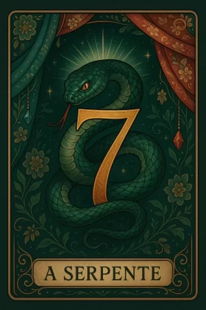 Ilustração em estilo vintage de uma carta do baralho cigano: uma serpente verde esmeralda, de escamas detalhadas, enrola-se em torno de um grande algarismo “7” dourado; emoldurada por cortinas ornamentadas e arabescos florais sobre fundo verde-escuro, com a legenda “A SERPENTE” em faixa bege na base.