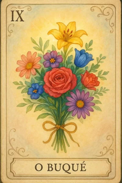 Ilustração vintage da carta 9 do baralho cigano, ‘O Buquê’, exibindo um ramo colorido de flores variadas — rosa vermelha central, lírio amarelo no topo, margaridas laranja e roxas, tulipa azul — amarrado por um laço dourado sobre fundo suave emoldurado.