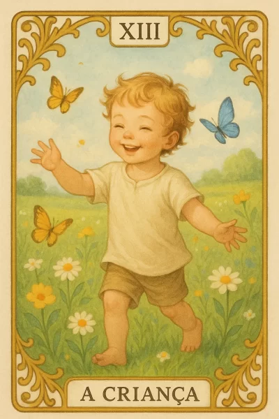 Ilustração da carta 13 do baralho cigano, intitulada “A Criança”. A imagem mostra uma criança loira sorridente, descalça, correndo em um campo florido com margaridas e flores amarelas, enquanto borboletas coloridas voam ao redor. O cenário transmite leveza, inocência e alegria, com moldura decorativa dourada e o número romano XIII no topo.