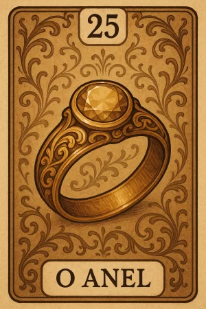 Ilustração da carta 25 do baralho cigano, intitulada “O Anel”. A imagem mostra um anel dourado com entalhes ornamentais e uma pedra central facetada, em tom dourado brilhante. O fundo é bege com arabescos marrons decorativos, e no topo há o número 25 dentro de um retângulo branco. Na parte inferior, em uma faixa clara, está escrito “O ANEL” em letras maiúsculas pretas.