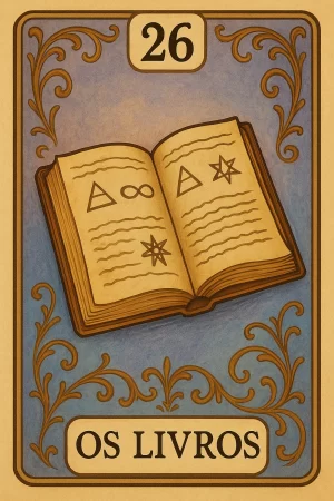 Ilustração da carta 26 baralho cigano, intitulada “Os Livros”. A imagem mostra um livro aberto com capa marrom e páginas amareladas, exibindo símbolos místicos como triângulos, símbolo do infinito e estrelas de seis pontas, acompanhados de linhas onduladas representando texto. O fundo é em tom azul com arabescos decorativos marrons nas bordas. Na parte superior, o número 26 aparece em um retângulo branco, e na parte inferior, em uma faixa clara, está escrito “OS LIVROS” em letras maiúsculas pretas.