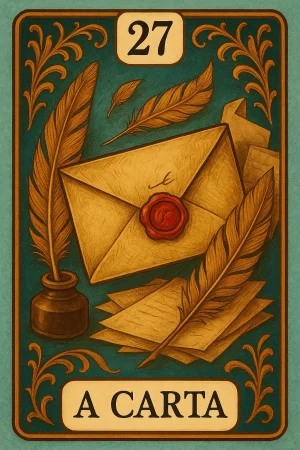 Uma imagem da carta 27 do baralho cigano, intitulada "A Carta". A ilustração de estilo vintage apresenta, sobre um fundo verde-petróleo, um envelope de papel envelhecido, selado com cera vermelha no centro. Ao redor, há várias folhas de papel soltas, um tinteiro de vidro escuro com uma grande pena marrom dentro, e mais três penas espalhadas pela cena. A carta possui uma moldura dourada com ornamentos florais nos cantos. No topo, o número 27 está inscrito em uma pequena placa, e na base, a frase "A CARTA" aparece em letras maiúsculas.