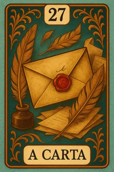Uma imagem da carta 27 do baralho cigano, intitulada "A Carta". A ilustração de estilo vintage apresenta, sobre um fundo verde-petróleo, um envelope de papel envelhecido, selado com cera vermelha no centro. Ao redor, há várias folhas de papel soltas, um tinteiro de vidro escuro com uma grande pena marrom dentro, e mais três penas espalhadas pela cena. A carta possui uma moldura dourada com ornamentos florais nos cantos. No topo, o número 27 está inscrito em uma pequena placa, e na base, a frase "A CARTA" aparece em letras maiúsculas.