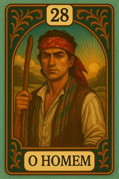Ilustração da carta 28 do baralho cigano, intitulada "O Homem". A imagem apresenta o busto de um homem de pele morena e feições sérias, que olha diretamente para o observador. Ele tem cabelos escuros e usa uma bandana vermelha com padrões na testa, um colete escuro sobre uma camisa clara e um cachecol listrado e colorido. Na sua mão direita, ele segura um cajado rústico de madeira. Ao fundo, uma paisagem de campo com um sol nascendo ou se pondo no horizonte. A cena é emoldurada por um arco, e a carta possui uma borda verde com ornamentos dourados, o número 28 no topo e o título "O HOMEM" na base.