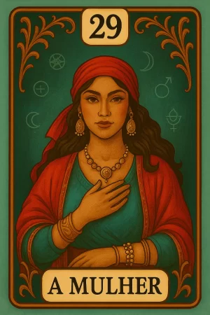Ilustração da carta 29 do baralho cigano, intitulada "A Mulher". A imagem apresenta o busto de uma mulher de pele morena, com longos cabelos escuros e um olhar sereno voltado para o observador. Ela veste um lenço e um xale vermelhos sobre uma blusa azul-petróleo e usa joias douradas, como brincos ornamentados, um colar e várias pulseiras. Sua mão direita repousa sobre o peito. O fundo verde-escuro é adornado com símbolos esotéricos e astrológicos. A carta tem uma moldura com detalhes dourados, o número 29 no topo e o título "A MULHER" na parte inferior.