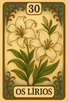 Uma imagem da carta 30 do Baralho Cigano, "Os Lírios". A carta possui um estilo vintage, com uma ilustração central de dois lírios brancos totalmente abertos, com estames alaranjados e folhas verdes vibrantes. No topo, dentro de uma caixa bege, está o número "30". Na parte inferior, em uma caixa correspondente, está o nome da carta, "OS LÍRIOS", em letras maiúsculas. A carta é emoldurada por uma borda verde-escura com detalhes ornamentais em tons de marrom-dourado nos quatro cantos. O fundo da ilustração é um degradê suave de bege.