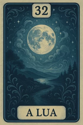 Um close-up de uma carta de baralho cigano com o número 32 no topo e "A LUA" na parte inferior. A carta apresenta uma lua cheia grande e luminosa no centro superior, cercada por nuvens suaves e estrelas cintilantes contra um céu noturno profundo. Abaixo da lua, há uma paisagem noturna serena com montanhas distantes, um rio ou lago que reflete a luz da lua e árvores escuras nas margens. Um caminho sinuoso leva ao longo da água. A carta tem uma borda ornamentada em tons de azul escuro e creme, com padrões decorativos que lembram vinhas ou pergaminhos.