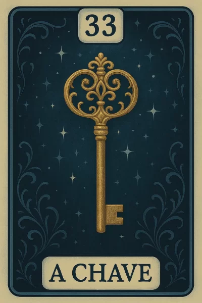 Alt text: Carta 33 do baralho cigano, chamada "A Chave". A ilustração mostra uma grande e ornamentada chave dourada de estilo antigo, posicionada verticalmente no centro. O fundo é um céu noturno azul-escuro com pequenas estrelas cintilantes. Na parte superior, o número 33 aparece dentro de uma caixa branca. Na parte inferior, a inscrição "A CHAVE" está em uma caixa branca correspondente. Uma borda decorativa com arabescos azuis em um fundo mais claro emoldura a imagem.