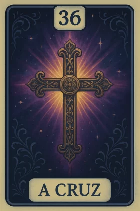 Alt text: Imagem da carta 36 do baralho cigano, "A Cruz". A ilustração mostra uma grande e ornamentada cruz dourada no centro, com detalhes florais. Atrás da cruz, uma luz intensa amarela e roxa irradia sobre um fundo de céu noturno estrelado em tons de azul escuro. A carta possui o número 36 em destaque na parte superior e o nome "A CRUZ" na parte inferior, ambos dentro de caixas de cor clara. A moldura da carta é decorada com arabescos em azul escuro nos cantos.