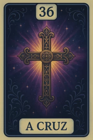 Alt text: Imagem da carta 36 do baralho cigano, "A Cruz". A ilustração mostra uma grande e ornamentada cruz dourada no centro, com detalhes florais. Atrás da cruz, uma luz intensa amarela e roxa irradia sobre um fundo de céu noturno estrelado em tons de azul escuro. A carta possui o número 36 em destaque na parte superior e o nome "A CRUZ" na parte inferior, ambos dentro de caixas de cor clara. A moldura da carta é decorada com arabescos em azul escuro nos cantos.